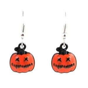 Halloween Earrings, Pumpkin Jack O' Lantern - Orange/Black - 0.5"